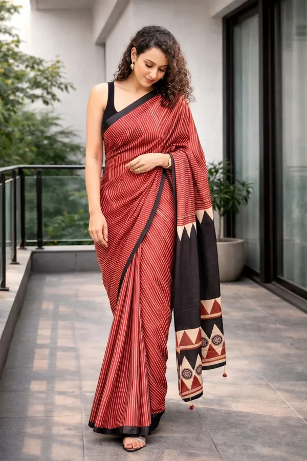 Elegant_Red_Striped_Cotton_Saree_With_Black_Designer_Border_Printed_Pallu_Stylish_Casual_Office_Wear_Saree