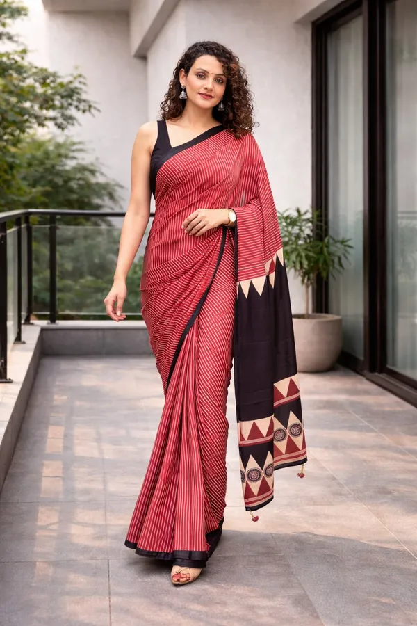 Elegant_Red_Striped_Cotton_Saree_With_Black_Designer_Border_Printed_Pallu_Stylish_Casual_Office_Wear_Saree