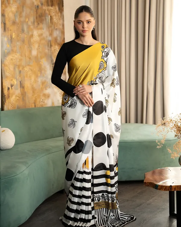 Elegant_Mustard_White_Printed_Saree_With_Abstract_Polka_Dots_Floral_Design_Modern_Office_Party_Wear_Saree