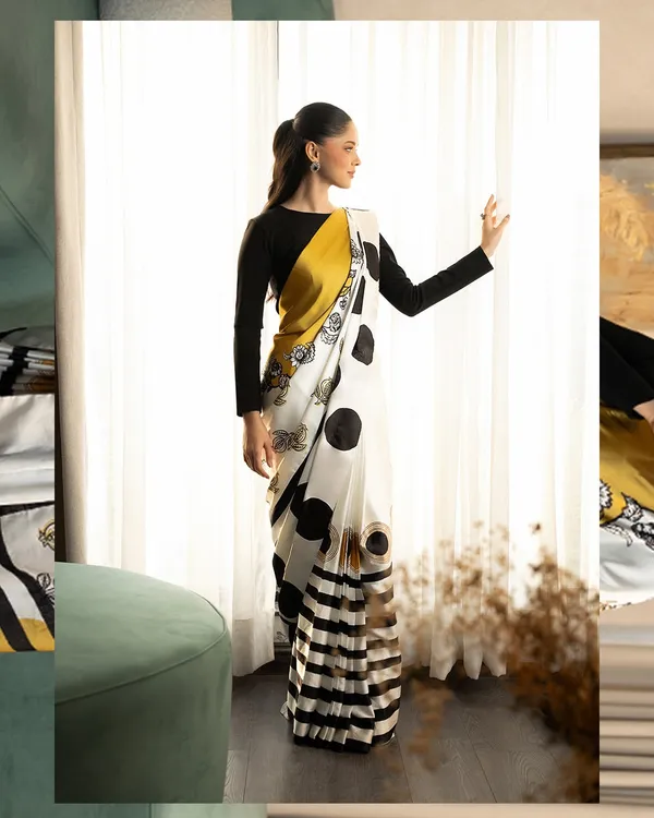 Elegant_Mustard_White_Printed_Saree_With_Abstract_Polka_Dots_Floral_Design_Modern_Office_Party_Wear_Saree