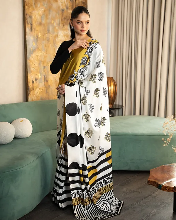 Elegant_Mustard_White_Printed_Saree_With_Abstract_Polka_Dots_Floral_Design_Modern_Office_Party_Wear_Saree