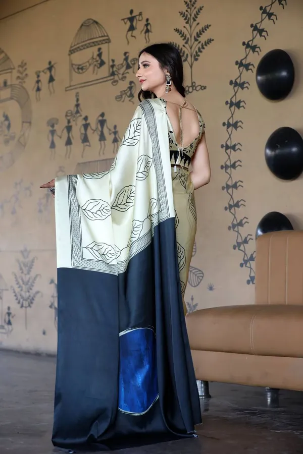 Off_White_Printed_Saree_With_Black_Blue_Contrast_Pallu_Elegant_Minimal_Designer_Saree_For_Office_Casual_Wear