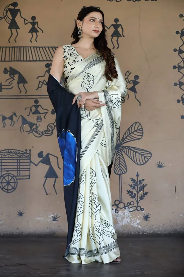 Off_White_Printed_Saree_With_Black_Blue_Contrast_Pallu_Elegant_Minimal_Designer_Saree_For_Office_Casual_Wear