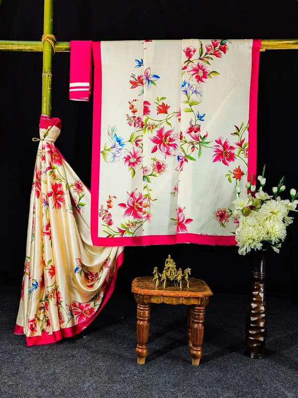 Cream_Floral_Printed_Saree_With_Pink_Blouse_Elegant_Designer_Saree