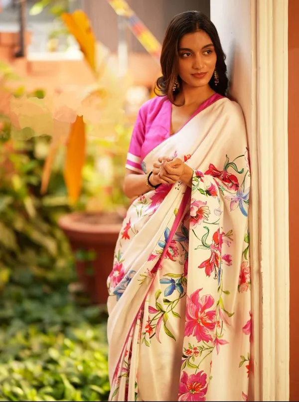 Cream_Floral_Printed_Saree_With_Pink_Blouse_Elegant_Designer_Saree