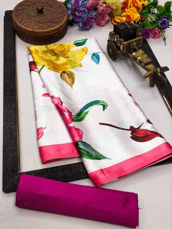 Beige_Multicolor_Floral_Printed_Saree_With_Red_Blouse_Premium_Designer_Party_Wear_Saree_For_Women