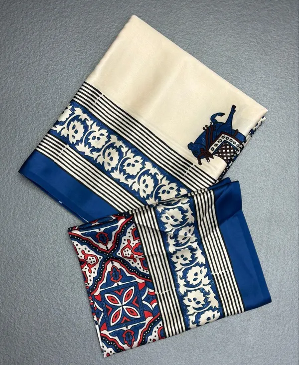 Cream_Blue_Animal_Printed_Ajrakh_Modal_Silk_Saree_With_Traditional_Border