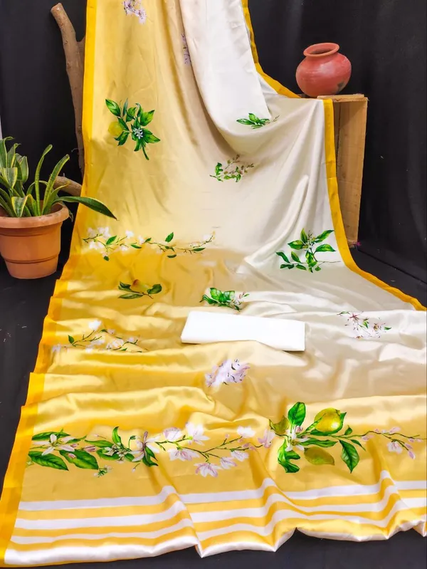 Soft_Yellow_Floral_Printed_Satin_Saree_Elegant_Lightweight_Summer_Wear_Saree_For_Women