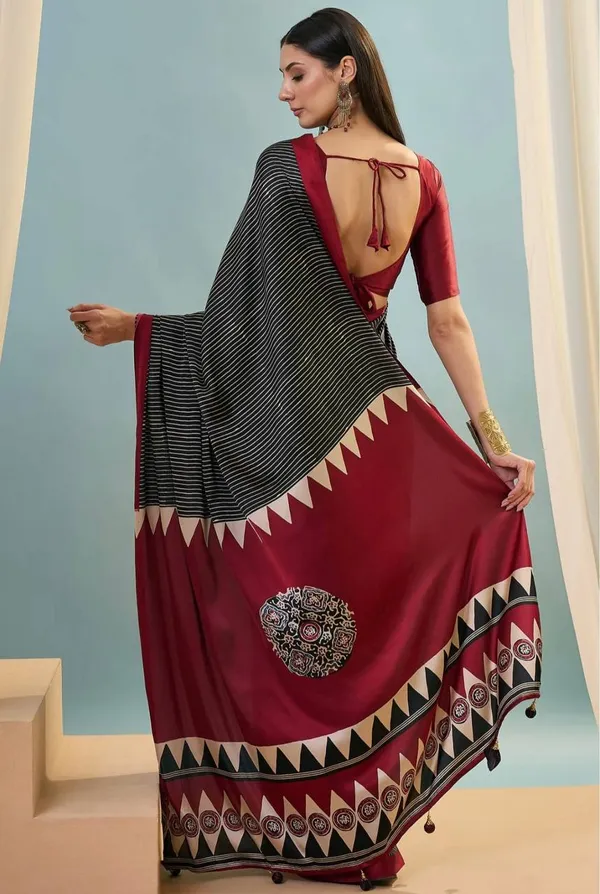 Maroon_Black_Printed_Ajrakh_Modal_Silk_Saree_With_Designer_Border