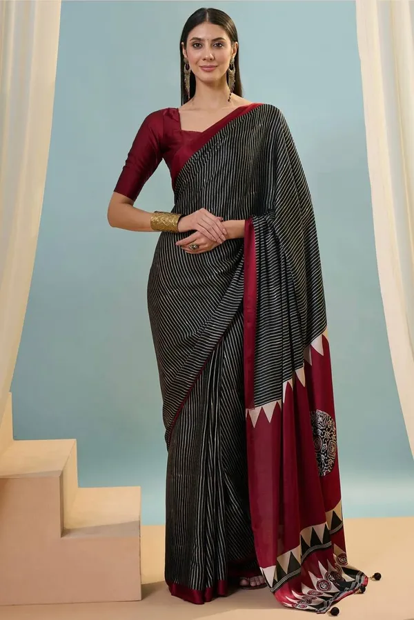 Maroon_Black_Printed_Ajrakh_Modal_Silk_Saree_With_Designer_Border