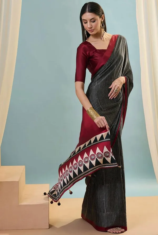 Maroon_Black_Printed_Ajrakh_Modal_Silk_Saree_With_Designer_Border