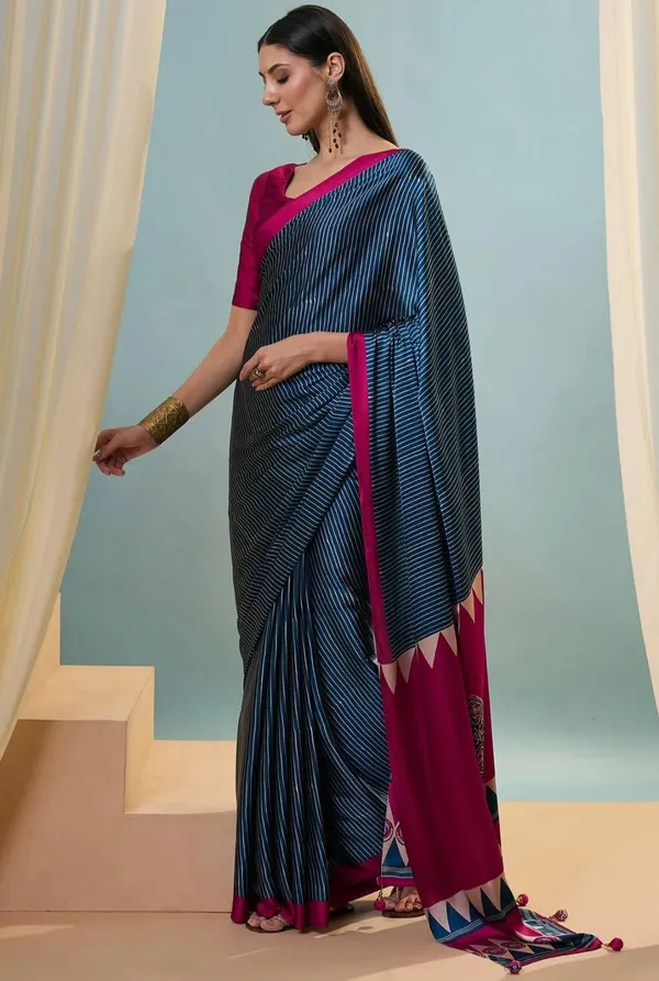 Navy_Blue_Magenta_Striped_Ajrakh_Modal_Silk_Saree_With_Designer_Border