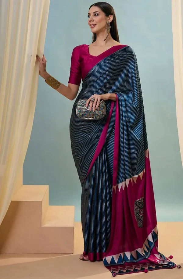 Navy_Blue_Magenta_Striped_Ajrakh_Modal_Silk_Saree_With_Designer_Border