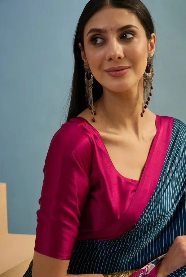 Navy_Blue_Magenta_Striped_Ajrakh_Modal_Silk_Saree_With_Designer_Border
