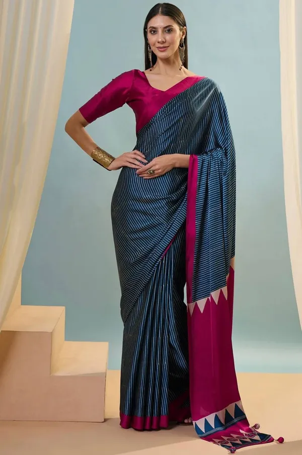 Navy_Blue_Magenta_Striped_Ajrakh_Modal_Silk_Saree_With_Designer_Border