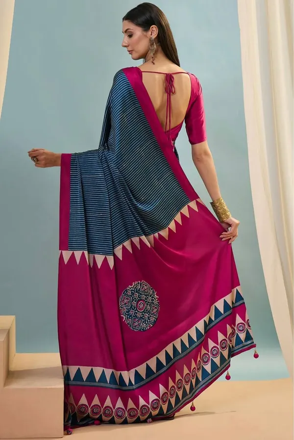 Navy_Blue_Magenta_Striped_Ajrakh_Modal_Silk_Saree_With_Designer_Border
