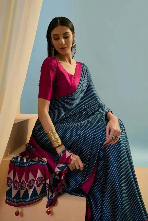 Navy_Blue_Magenta_Striped_Ajrakh_Modal_Silk_Saree_With_Designer_Border