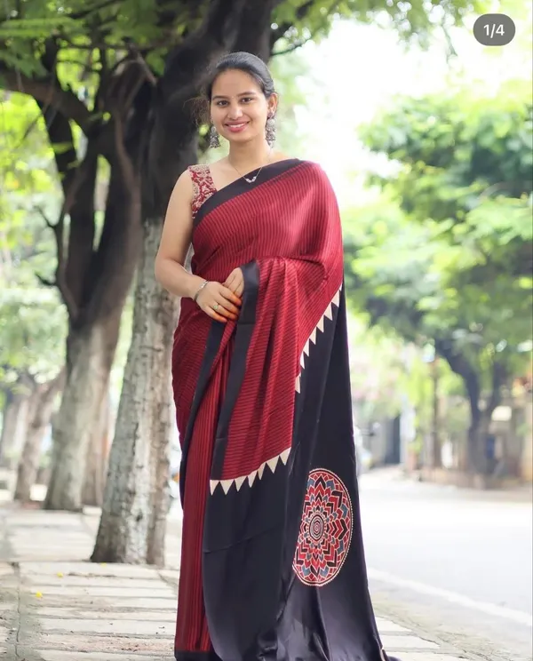 Red_Black_Striped_Ajrakh_Modal_Silk_Saree_With_Designer_Border