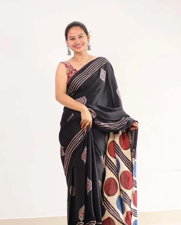 Black_Multicolor_Printed_Ajrakh_Modal_Silk_Saree_With_Designer_Pallu