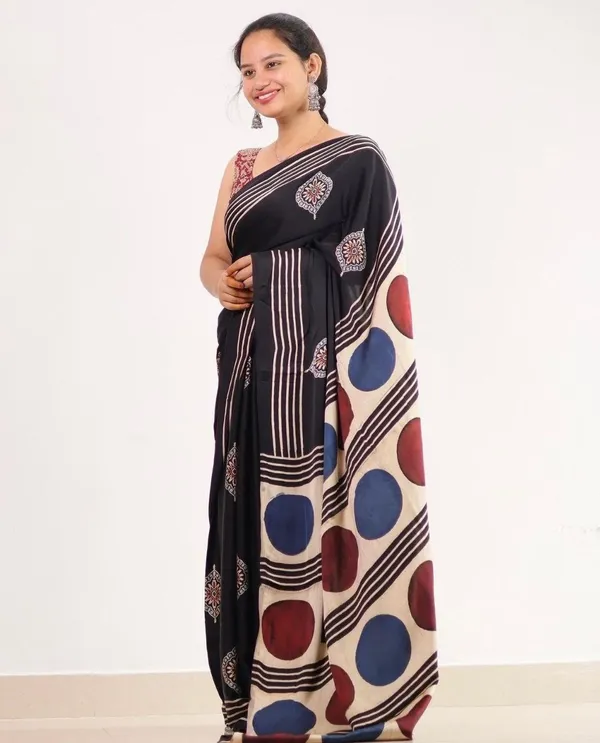 Black_Multicolor_Printed_Ajrakh_Modal_Silk_Saree_With_Designer_Pallu