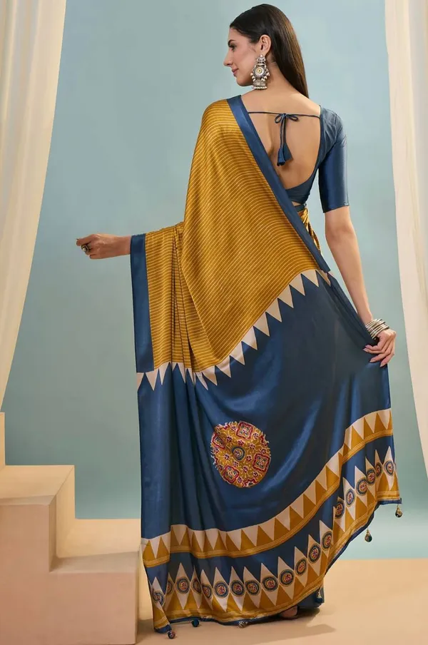 Mustard_Yellow_Navy_Blue_Striped_Ajrakh_Modal_Silk_Saree_With_Designer_Pallu