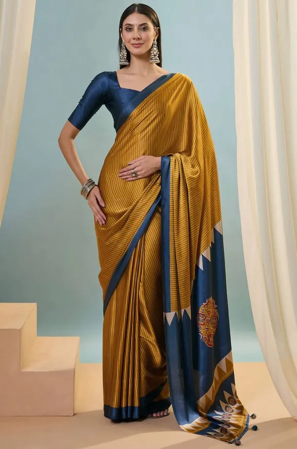 Mustard_Yellow_Navy_Blue_Striped_Ajrakh_Modal_Silk_Saree_With_Designer_Pallu