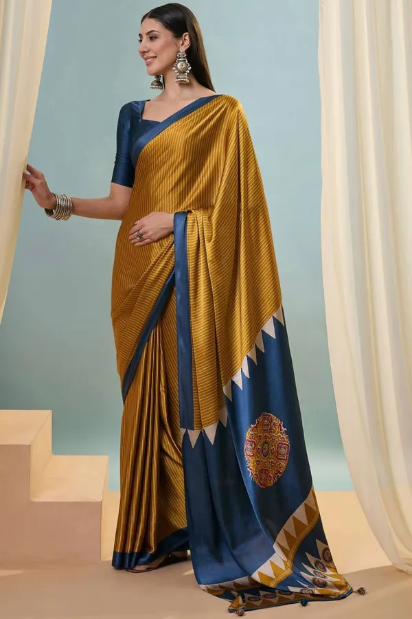 Mustard_Yellow_Navy_Blue_Striped_Ajrakh_Modal_Silk_Saree_With_Designer_Pallu