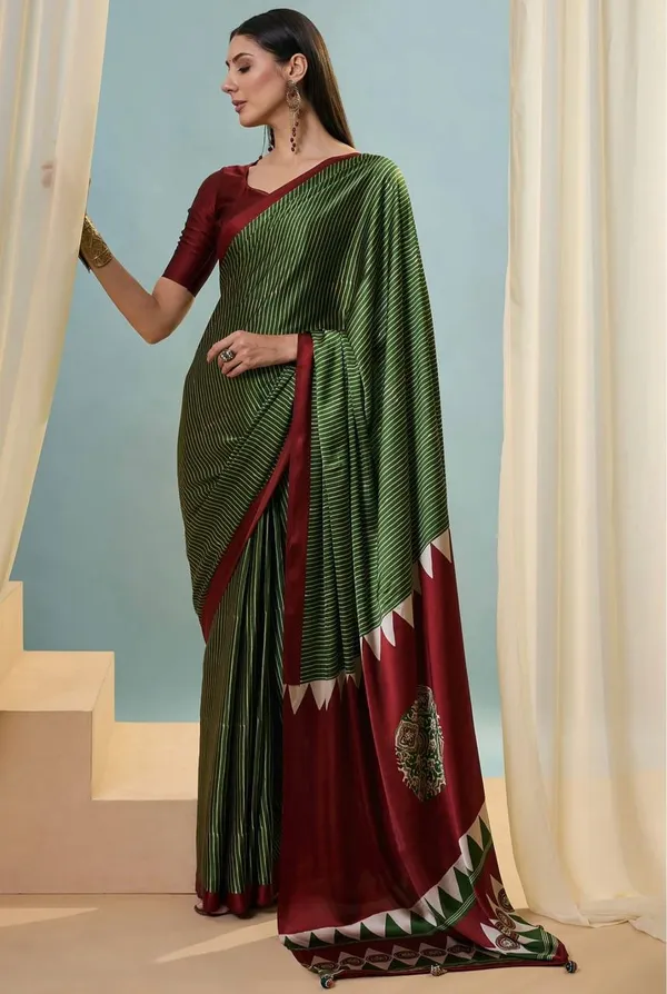Olive_Green_Maroon_Striped_Ajrakh_Modal_Silk_Saree_With_Designer_Border