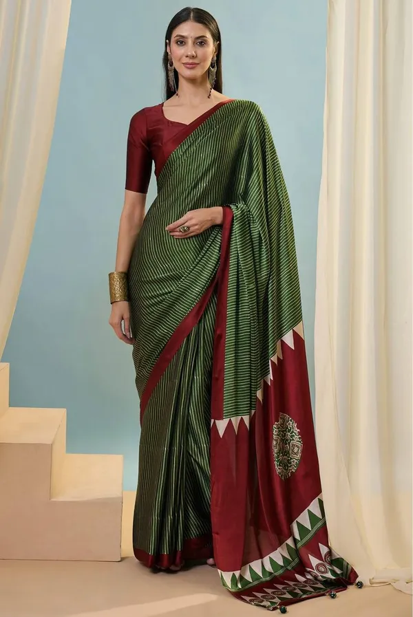Olive_Green_Maroon_Striped_Ajrakh_Modal_Silk_Saree_With_Designer_Border