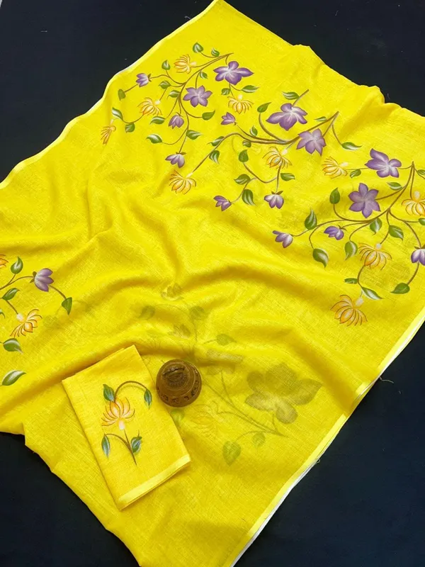 Yellow_Floral_Linen_Saree_With_Hand_Painted_Design