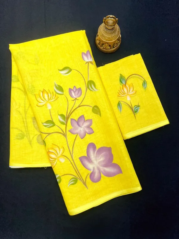 Yellow_Floral_Linen_Saree_With_Hand_Painted_Design