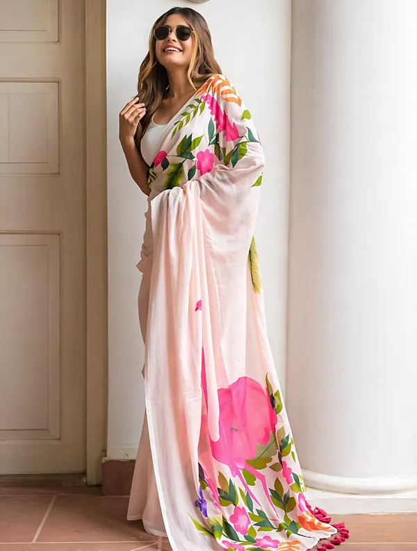 Peach_Floral_Linen_Saree_With_Soft_Pastel_Print