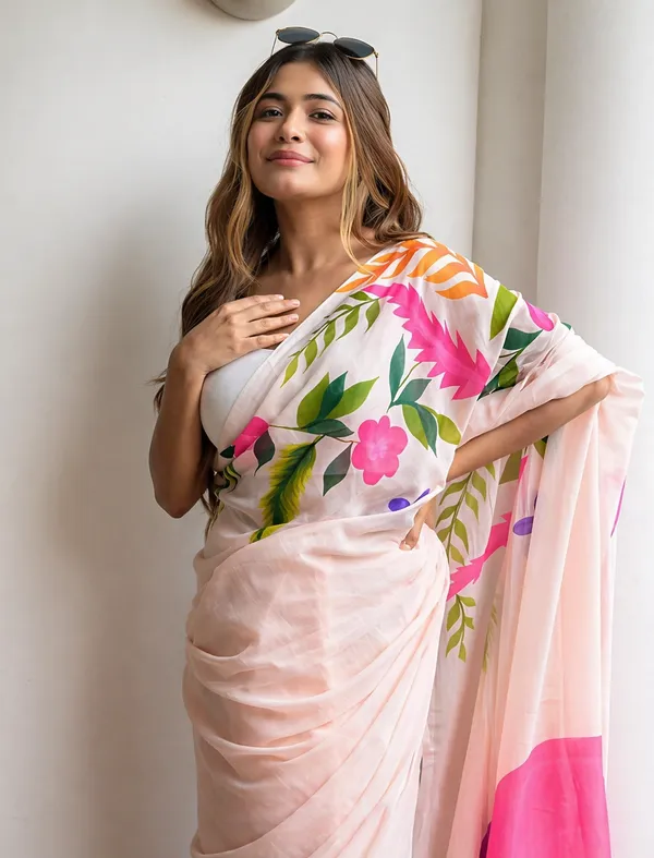 Peach_Floral_Linen_Saree_With_Soft_Pastel_Print