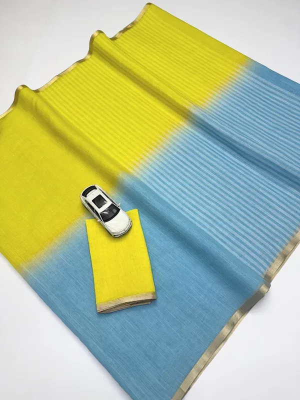 Lime_Yellow_Sky_Blue_Linen_Saree_With_Dual_Tone_Contrast