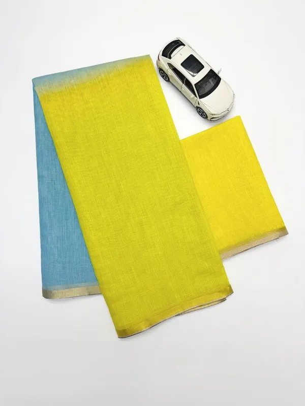 Lime_Yellow_Sky_Blue_Linen_Saree_With_Dual_Tone_Contrast