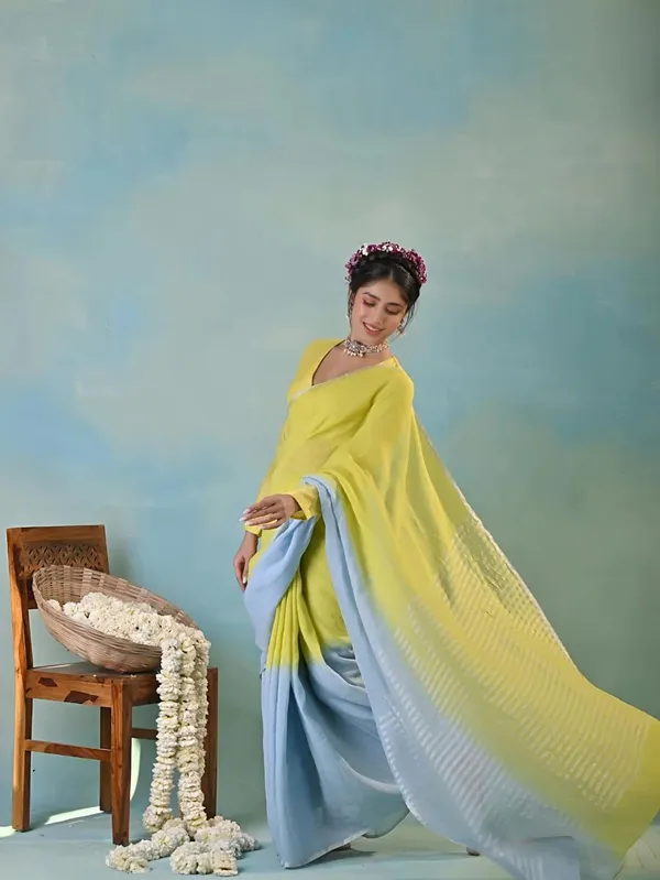 Lime_Yellow_Sky_Blue_Linen_Saree_With_Dual_Tone_Contrast