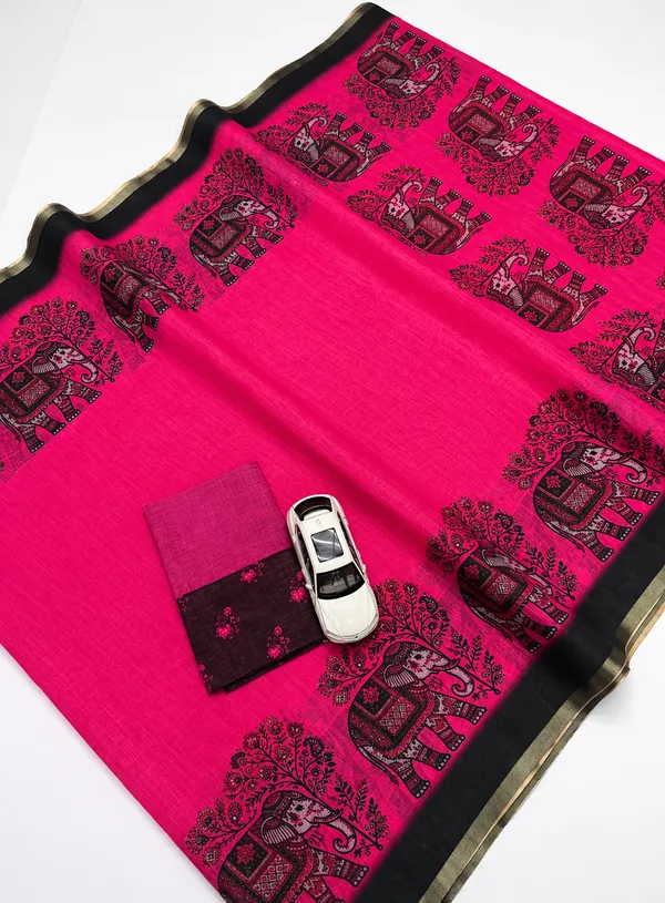 Hot_Pink_Linen_Saree_With_Black_Elephant_Motif_Print