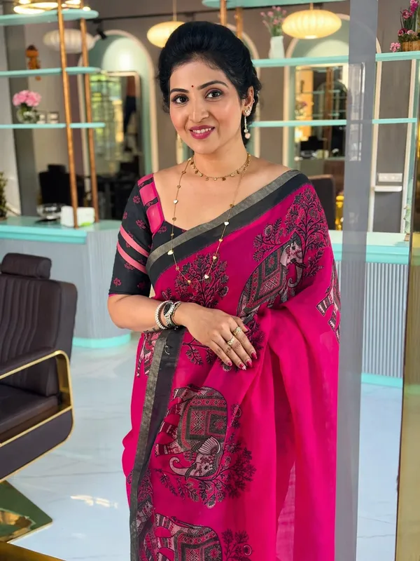Hot_Pink_Linen_Saree_With_Black_Elephant_Motif_Print