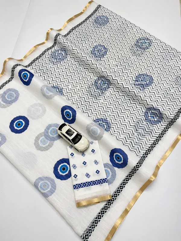 White_Linen_Saree_With_Blue_Abstract_Print_Contrast_Border