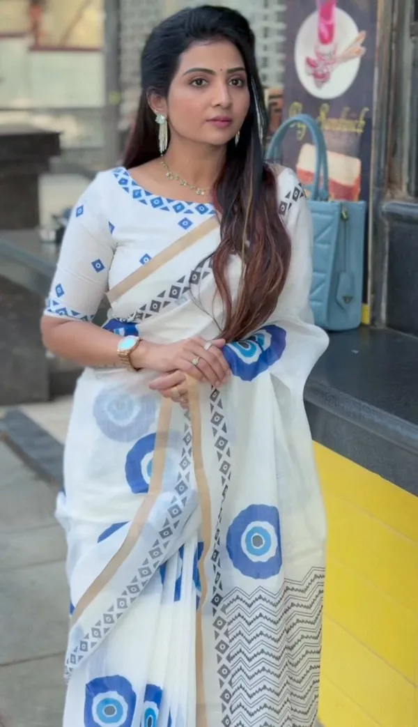 White_Linen_Saree_With_Blue_Abstract_Print_Contrast_Border