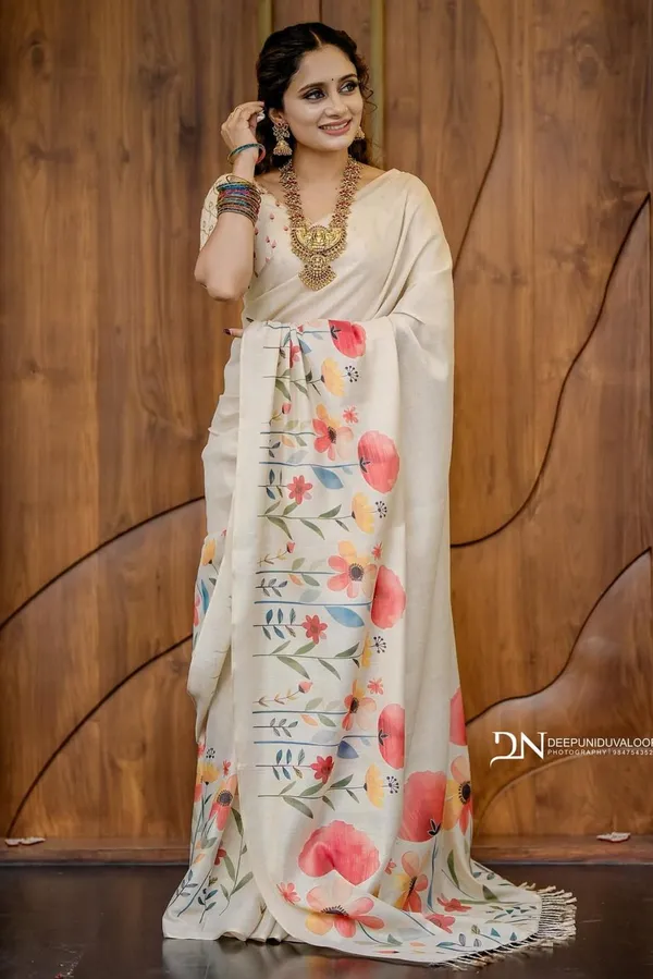 Beige_Floral_Satin_Saree_Elegant_Lightweight_Printed_Saree_For_Women
