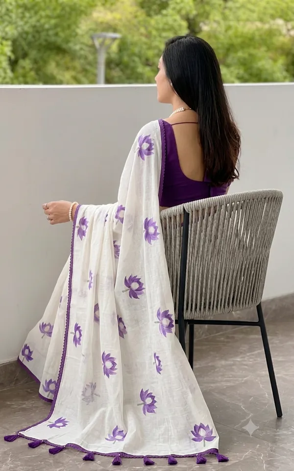 Ivory_White_Royal_Purple_Linen_Saree_With_Lotus_Design