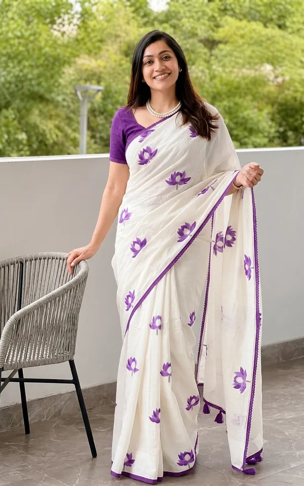 Ivory_White_Royal_Purple_Linen_Saree_With_Lotus_Design