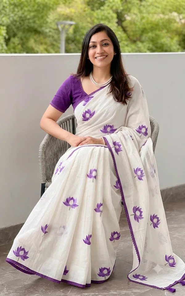 Ivory_White_Royal_Purple_Linen_Saree_With_Lotus_Design