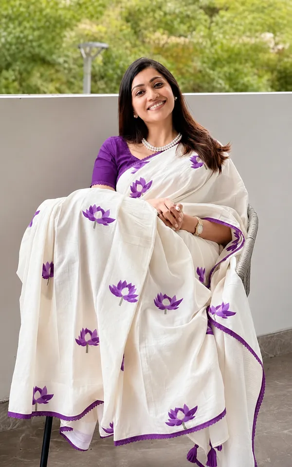 Ivory_White_Royal_Purple_Linen_Saree_With_Lotus_Design