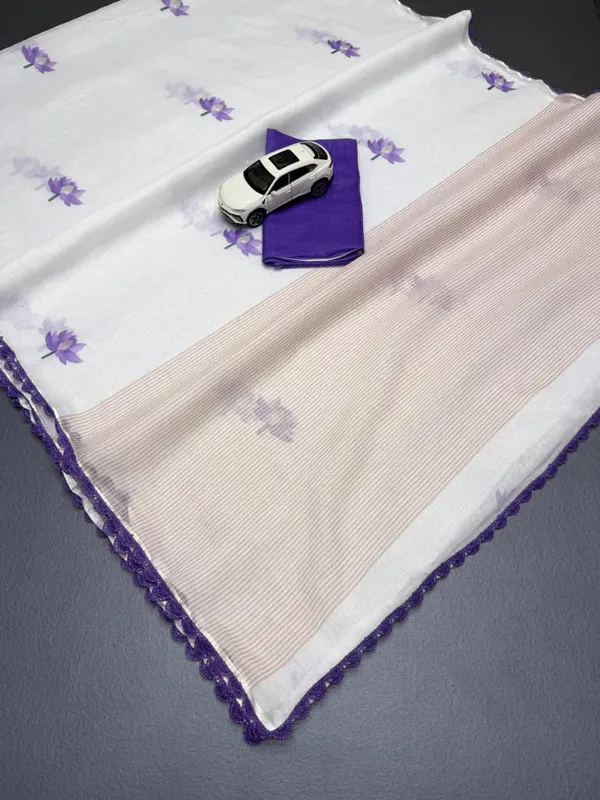 Ivory_White_Royal_Purple_Linen_Saree_With_Lotus_Design