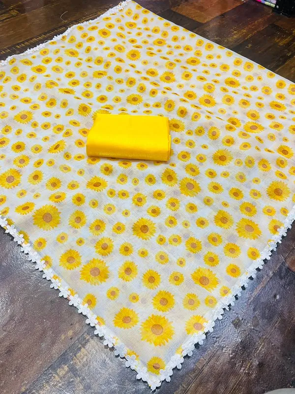 White_And_Yellow_Linen_Saree_With_Sunflower_Print_And_Lace_Border