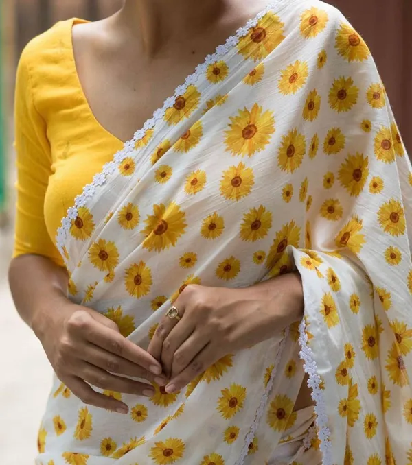 White_And_Yellow_Linen_Saree_With_Sunflower_Print_And_Lace_Border