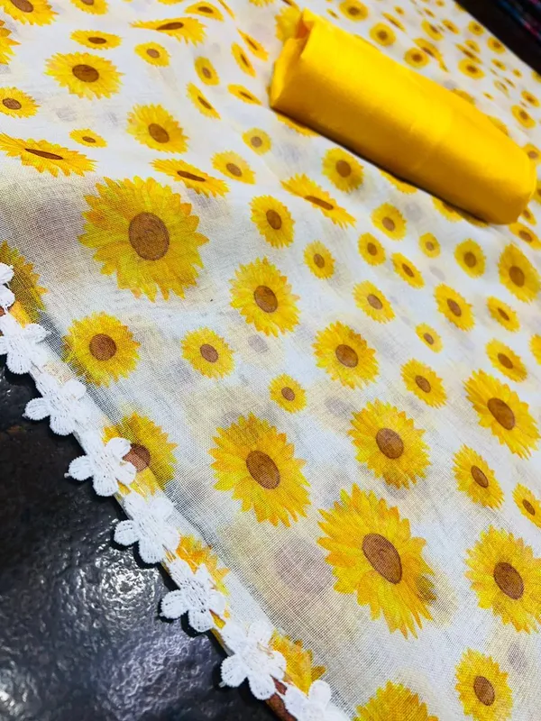 White_And_Yellow_Linen_Saree_With_Sunflower_Print_And_Lace_Border