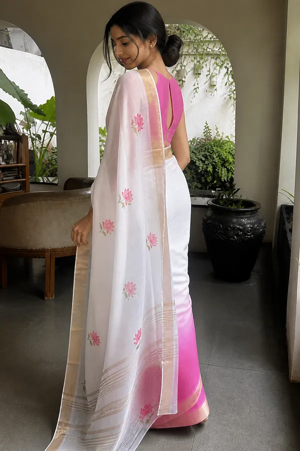 White_And_Pink_Linen_Lotus_Print_Ombre_Saree